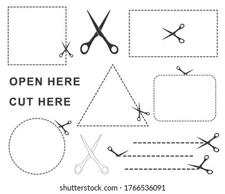 Scissors icon shape with seamless cut line template. Paper cutting lines symbol sign pattern. Vector illustration image. Isolated on white background. Sale coupon dotted line border element.