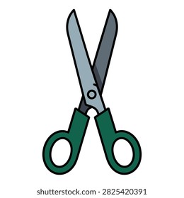 Scissors icon showing open grey blades and green handles on white background