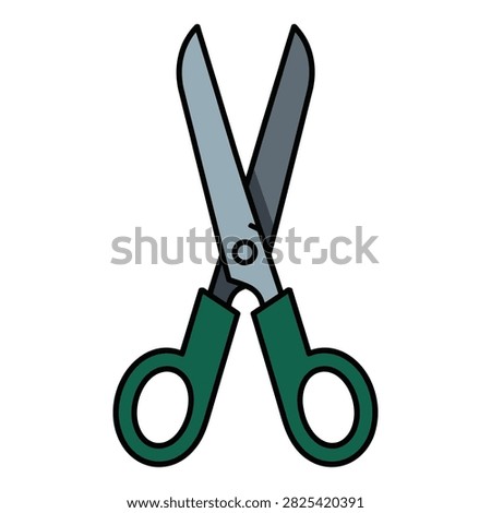 Scissors icon showing open grey blades and green handles on white background