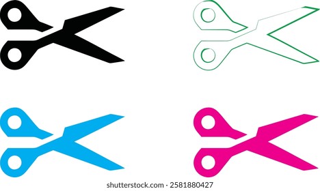 Scissors icon, simple graphic design, flat color styles, black blue pink, minimalist illustration, vector art, basic shapes, office supplies, cutting tool symbol, graphic design elements, clean lines,