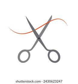 Scheren-Symbol mit Faden oder Haar isoliert auf weißem Hintergrund