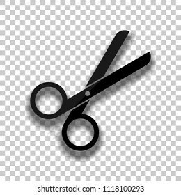 Scissors icon. Tool of barber. Black glass icon with soft shadow on transparent background