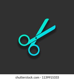 Scissors icon. Tool of barber. Colorful logo concept with soft shadow on dark background. Icon color of azure ocean