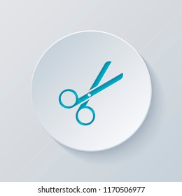 Scissors icon. Tool of barber. Cut circle with gray and blue layers. Paper style
