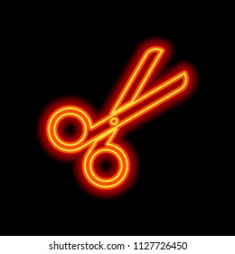 Scissors icon. Tool of barber. Orange neon style on black background. Light icon