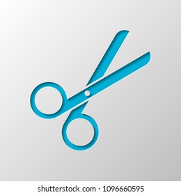 Scissors icon. Tool of barber. Paper design. Cutted symbol with shadow