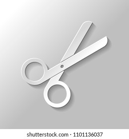 Scissors icon. Tool of barber. Paper style with shadow on gray background