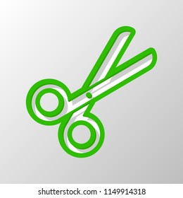 Scissors icon. Tool of barber. Paper style. Cut symbol with green bold contour on shape and simple shadow