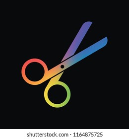 Scissors icon. Tool of barber. Rainbow color and dark background