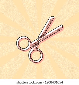 Scissors icon. Tool of barber. Vintage retro typography with offset printing effect. Dots poster with comics pop art background