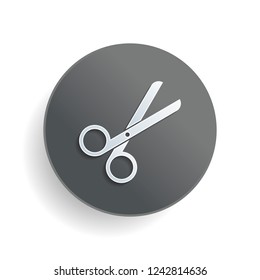 Scissors icon. Tool of barber. White paper symbol on gray round button or badge with shadow