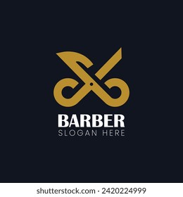 Ilustración vectorial de icono de tijeras, diseño del logotipo de la peluquería Barber, diseño de icono de tijeras, diseño del logotipo de cuchillo, Adecuado para los logotipos de peluquería y barbershop, aislado en fondo azul