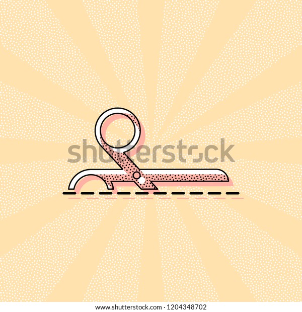 scissors icon.\
Vintage retro typography with offset printing effect. Dots poster\
with comics pop art\
background
