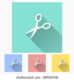 Scissors - icon is white with long shadow, flat design. Vector illustration.