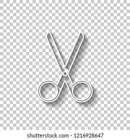 scissors icon. White outline sign with shadow on transparent background