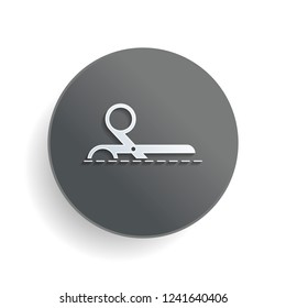 scissors icon. White paper symbol on gray round button with shadow