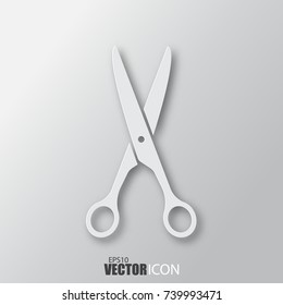 Scissors icon in white style with shadow isolated on grey background. For your design, logo. Vector illustration.