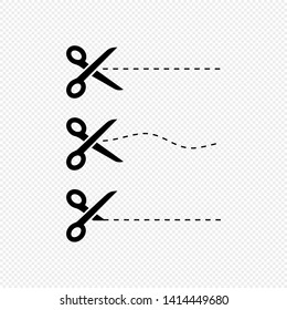 Scissors icons. Black Scissors with cut lines on transparent background. Eps10