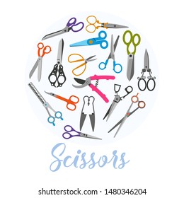 Scissors icons in circle on white, vector illustration. Tools and shears of barber. Typography and barbershop supplies. Poster with colored scissors.