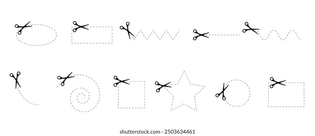 Scissors icons with dotted lines path set. Cut here pictogram for coupons, vouchers, labels, paper pages. Simple graphic stock vector illustration isolated on white background.