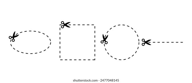 Iconos de tijeras con líneas punteadas establecidas. Corte aquí el pictograma para los Cupones, los vales, las etiquetas, las páginas de papel. Ilustración vectorial de stock gráfico simple aislado sobre fondo blanco.