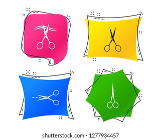 Scissors icons. Hairdresser or barbershop symbol. Scissors cut hair. Cut dash dotted line. Tailor symbol. Geometric colorful tags. Banners with flat icons. Trendy design. Vector