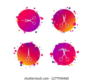 Scissors icons. Hairdresser or barbershop symbol. Scissors cut hair. Cut dash dotted line. Tailor symbol. Gradient circle buttons with icons. Random dots design. Vector