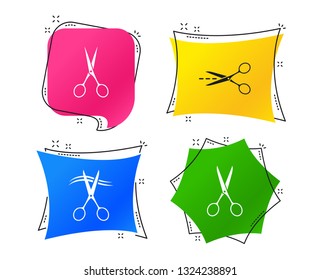 Scissors icons. Hairdresser or barbershop symbol. Scissors cut hair. Cut dash dotted line. Tailor symbol. Geometric colorful tags. Banners with flat icons. Trendy design. Vector