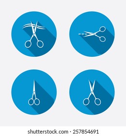 Scissors Icons. Hairdresser Or Barbershop Symbol. Scissors Cut Hair. Cut Dash Dotted Line. Tailor Symbol. Circle Concept Web Buttons. Vector