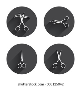 Scissors icons. Hairdresser or barbershop symbol. Scissors cut hair. Cut dash dotted line. Tailor symbol. Circles buttons with long flat shadow. Vector