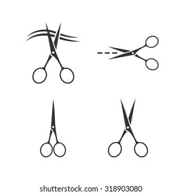 Scissors icons. Hairdresser or barbershop symbol. Scissors cut hair. Cut dash dotted line. Tailor symbol. Flat icons on white. Vector