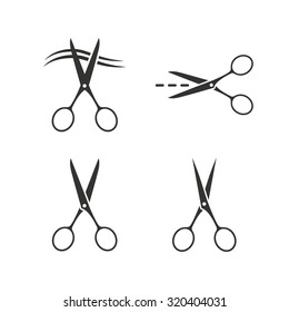 Scissors icons. Hairdresser or barbershop symbol. Scissors cut hair. Cut dash dotted line. Tailor symbol. Flat icons on white. Vector