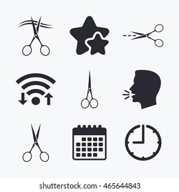 Scissors icons. Hairdresser or barbershop symbol. Scissors cut hair. Cut dash dotted line. Tailor symbol. Wifi internet, favorite stars, calendar and clock. Talking head. Vector