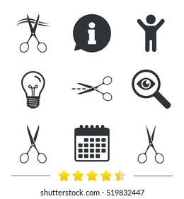 Scissors icons. Hairdresser or barbershop symbol. Scissors cut hair. Cut dash dotted line. Tailor symbol. Information, light bulb and calendar icons. Investigate magnifier. Vector
