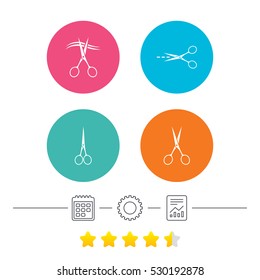 Scissors icons. Hairdresser or barbershop symbol. Scissors cut hair. Cut dash dotted line. Tailor symbol. Calendar, cogwheel and report linear icons. Star vote ranking. Vector