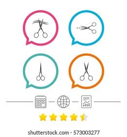 Scissors icons. Hairdresser or barbershop symbol. Scissors cut hair. Cut dash dotted line. Tailor symbol. Calendar, internet globe and report linear icons. Star vote ranking. Vector