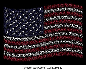 Scissors icons are organized into waving United States flag abstraction on a dark background. Vector composition of USA state flag is created of scissors items.