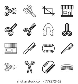 Scissors icons. set of 16 editable outline scissors icons such as comb, beauty salon, crop