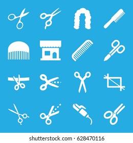 Scissors icons set. set of 16 scissors filled icons such as comb, beauty salon, hairstyle, hair curler