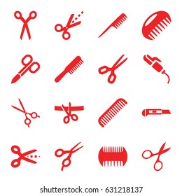 Scissors icons set. set of 16 scissors filled icons such as comb, hair curler