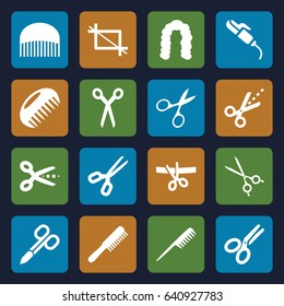 Scissors icons set. set of 16 scissors filled icons such as comb, hairstyle, hair curler