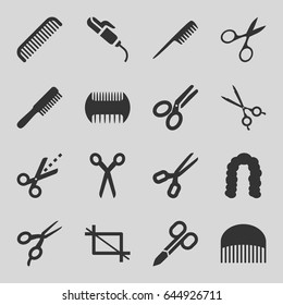 Scissors icons set. set of 16 scissors filled icons such as comb, hairstyle, hair curler