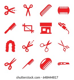 Scissors icons set. set of 16 scissors filled icons such as comb, beauty salon, hairstyle, hair curler, cutter