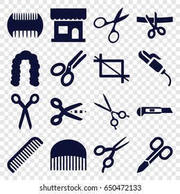 Scissors icons set. set of 16 scissors filled icons such as comb, beauty salon, hairstyle, hair curler, cutter