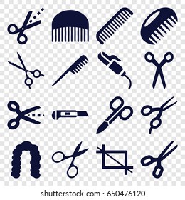 Scissors icons set. set of 16 scissors filled icons such as comb, hairstyle, hair curler, cutter