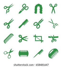 Scissors icons set. set of 16 scissors filled icons such as comb, hairstyle