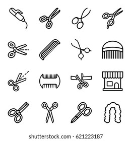 Scissors icons set. set of 16 scissors outline icons such as comb, beauty salon, hairstyle