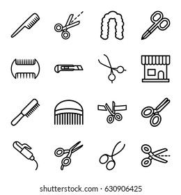 Scissors icons set. set of 16 scissors outline icons such as comb, beauty salon, hairstyle, hair curler