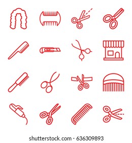 Scissors icons set. set of 16 scissors outline icons such as comb, beauty salon, hairstyle, hair curler