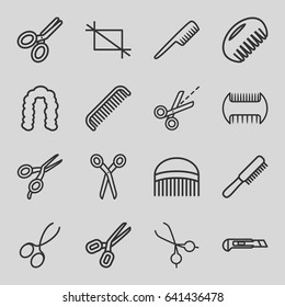 Scissors icons set. set of 16 scissors outline icons such as comb, hairstyle, cutter